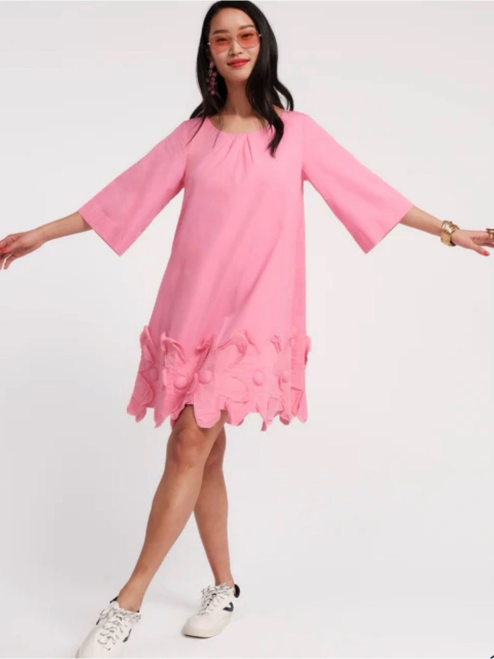 Frances Valentine Pink Zennia 3D Flower Hem 100% Coton Dress Party Preppy Church